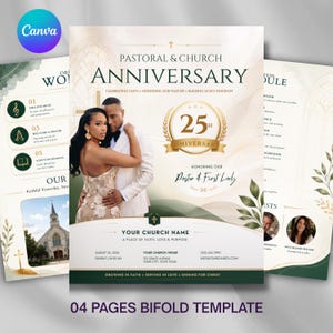 May include: A four-page bifold church anniversary program template featuring a gold and green color scheme. The cover displays a couple, the text Pastoral & Church Anniversary, a 25th anniversary emblem, and placeholders for church details and event dates.