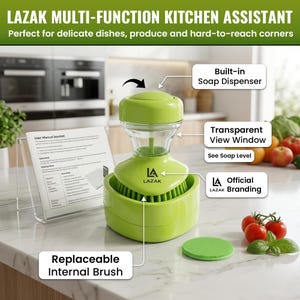 May include: A green LAZAK multi-function kitchen assistant with a built-in soap dispenser, transparent view window, and replaceable internal brush. The product includes the LAZAK official branding and is designed for delicate dishes and hard-to-reach corners.