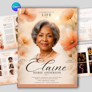 Könnte beinhalten: Eine Trauerprogramm-Vorlage mit dem Porträt einer älteren Person mit grauem Haar, verziert mit pfirsichfarbenen Mohnblumen-Illustrationen. Der Text lautet A Celebration of Life, Elaine Marie Anderson, Sunrise May 12, 1945, und Sunset April 28, 2025.