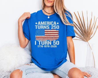 Funny Patriot Birthday Gift Men, America Turns 250 I Turn 50 Shirt, Fiftieth Bday Present For Dad, Vintage 1976 Distressed Flag Tee