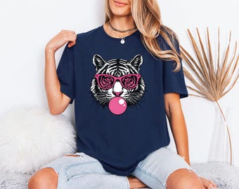 Pink Sunglasses Tee, Tiger Bubblegum Top, Pop Art Jungle Tshirt, Wild Cat Graphic Shirt, Zoo Trip Gift For Her