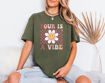 Checkerboard Daisy Outfit, Retro Smiley Top, Groovy 4th Birthday Present Girl, Toddler Party Apparel, Four Is A Vibe Tee