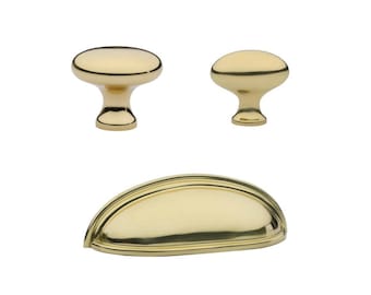 Unlacquered Brass Cabinet Hardware "Heritage" Knob Cup Pulls- Kitchen Drawer Pulls and Knobs