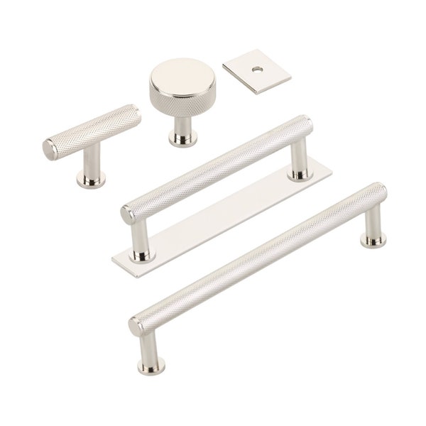 Polished Nickel "Maison" Knurled Drawer Pulls and Cabinet Knobs with Optional Backplate - Forge Hardware T-Bar Round Drawer Handles