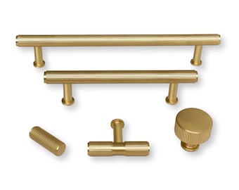 Solid Satin Brass "Texture Lines" Knurled Drawer Pulls and Knobs - Forge Hardware T-Bar Round Drawer Handles