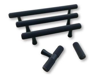 Solid Matte Black "Texture" Knurled Drawer Pulls and Knobs - Forge Hardware T-Bar Round Drawer Handles