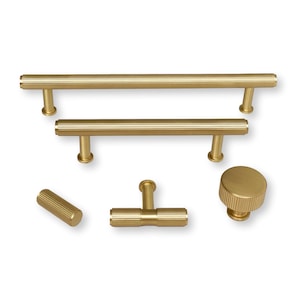 Solid Satin Brass "Texture Lines" Knurled Drawer Pulls and Knobs - Forge Hardware T-Bar Round Drawer Handles