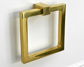 Polished Brass Square "Zimi" Ring Pull Cabinet Knob, Furniture and Kitchen Hardware