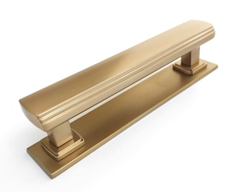 Satin Brass Square 4" Drawer Pull w/ Backplate, Brass Drawer Pull. Drawer Knob. Cabinet Pull