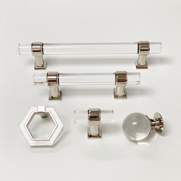 Lucite and Polished Nickel "Gigi" Modern Cabinet Pulls and Knobs - Acrylic Drawer Hardware