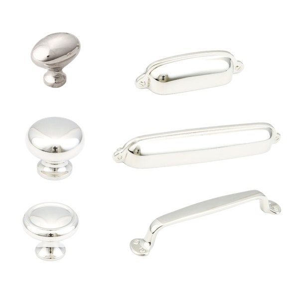 Polished Nickel Drawer Pulls and Knobs "Leah" Transitional Cup Pulls and Round Cabinet Knobs