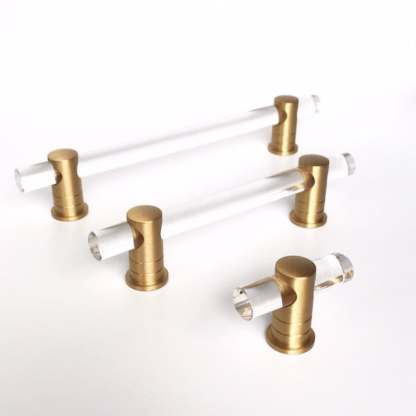 Lucite "Luz" Drawer Pulls and Knobs in Various Sizes, Cabinet Knobs, Drawer Pulls, Acrylic Brass Drawer Pulls