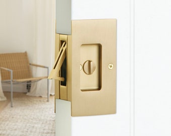 Satin Brass Pocket Door Lock Large 4-1/2" Bathroom Privacy Lock Hardware for Interior Sliding Pocket Doors