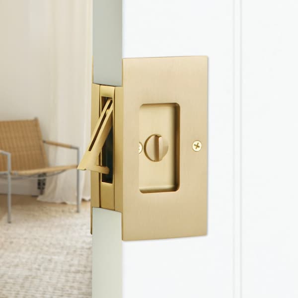 Satin Brass Pocket Door Lock Large 4-1/2" Bathroom Privacy Lock Hardware for Interior Sliding Pocket Doors