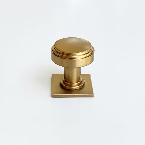 Satin Brass Round Art Deco Cabinet Knob, Brass Cabinet Handles With Backplates