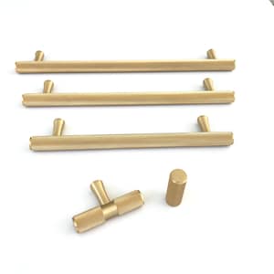 Solid Satin Brass "Texture" Knurled Drawer Pulls and Knobs - Forge Hardware T-Bar Round Drawer Handles