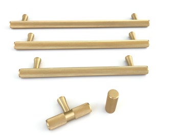 Solid Satin Brass "Texture" Knurled Drawer Pulls and Knobs - Forge Hardware T-Bar Round Drawer Handles