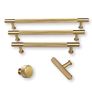 Solid Satin Brass "Texture No. 2" Knurled Drawer Pulls and Knobs - Forge Hardware T-Bar Round Drawer Handles