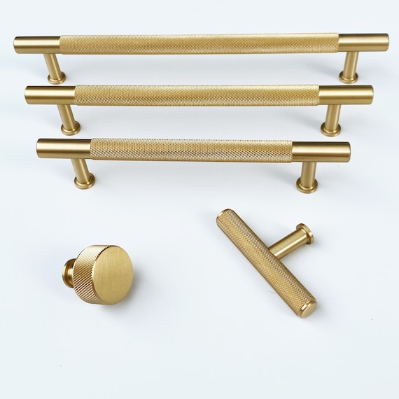 Solid Satin Brass texture No. 2 Knurled Drawer Pulls and Knobs