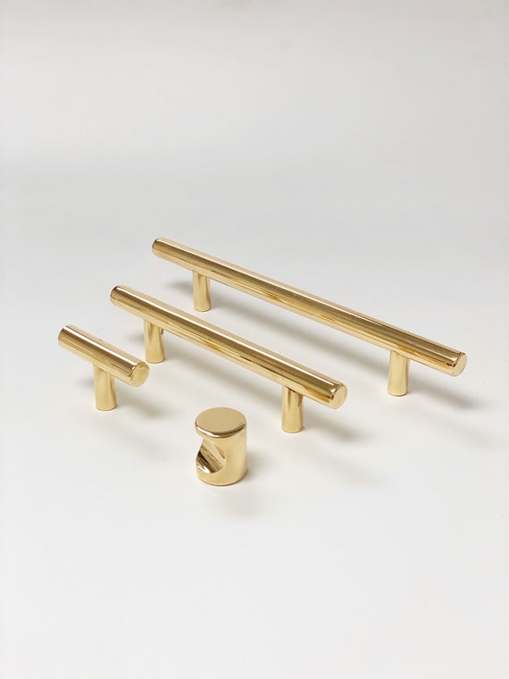 Unlacquered Brass T-bar Cabinet Pulls and Knobs in Polished