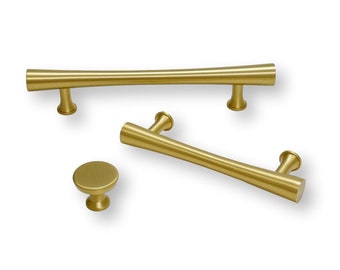 Satin Solid Brass Cabinet Hardware "Collin" Mid-Century Modern Drawer Pulls and Knob