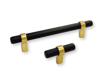 Brushed Brass and Matte Black "Groove" Cabinet Hardware Drawer Pulls and Cabinet Knobs - Handles