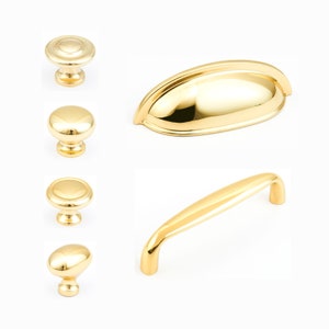 Polished Brass "Joy" Drawer Pulls and Knobs | Transitional Cup Pulls and Round Cabinet Knobs