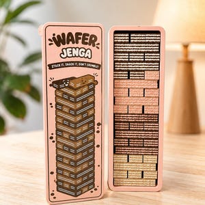 Könnte beinhalten: Ein Wafer Jenga Spielset mit einer hellrosa rechteckigen Schachtel, auf deren Vorderseite der Text Wafer Jenga und Stack it, snack it, don't crumble! aufgedruckt ist. Das Set enthält einen Stapel rechteckiger Waffeln in Braun, Rosa und Beige.