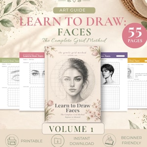 Learn to Draw Faces Grid Method, Drawing Practice Sheets for Beginners, Sketching Practice Workbook 55 Pages, Drawing Exercises Printable