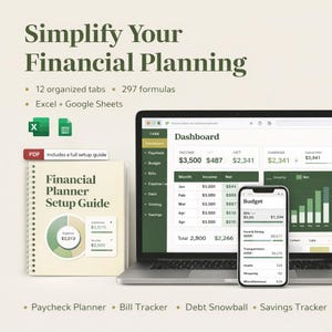 Puede incluir: Una configuración de planificación financiera con un portátil, un smartphone y una guía con espiral. El portátil muestra un panel con datos de ingresos y gastos. La guía se titula "Financial Planner Setup Guide."
