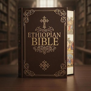 May include: A brown leather-bound book titled "THE ETHIOPIAN BIBLE" with gold lettering and decorative accents. The book is partially open, revealing colourful illustrations. The background features a blurred library setting.