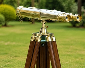 Prismáticos vintage de latón sobre trípode de madera, telescopio náutico, prismáticos de observación marítima, prismáticos de latón, regalo para decoración de oficina