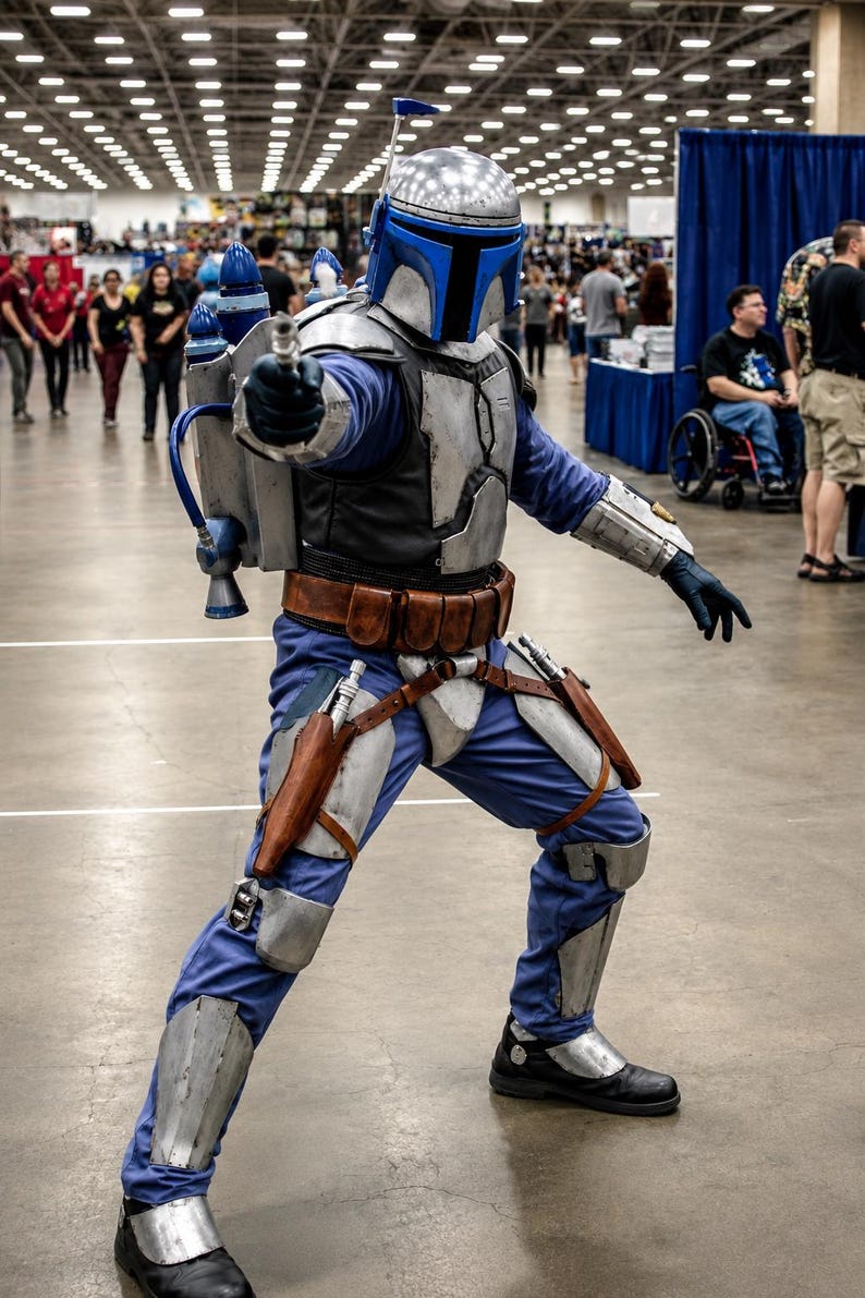 May include: A full-body costume featuring a silver and blue helmet with a T-shaped visor, a silver chest plate, a blue jumpsuit, and a jetpack. The outfit includes a brown utility belt, silver leg armor, and black boots, with a blaster held forward.