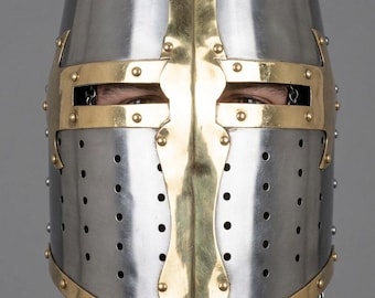 Medieval Crusader Great Helm, Steel Knight Helmet with Brass Cross, Full Face Armor, LARP Cosplay, Renaissance Fair Helmet Wearable Armour