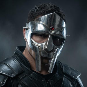 May include: A metallic silver face mask featuring a pointed design with a small red gemstone centered on the forehead and sharp spikes on the sides. The mask covers the upper face and nose, with cutouts for the eyes and a vertical nose guard.