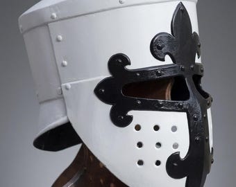 Medieval Great Helm Crusader Helmet White & Black Fleur de Lis Knight Helmet | Templar Armor Cosplay Decor | Gothic Medieval Costume Helmet