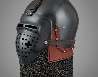 Medieval Great Helm Helmet | Black Knight Crusader Helmet | Wearable Steel Armor | LARP Cosplay Reenactment Helmet with Chainmail Neck Guard