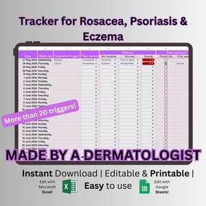 May include: A digital tracker for Rosacea, Psoriasis, and Eczema, designed by a dermatologist. The spreadsheet is editable and printable, with sections for tracking triggers, flare-ups, and new exposures. The text reads "More than 20 triggers!" and "Made by a Dermatologist."