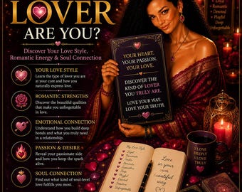May include: A dark-themed informational poster titled WHAT KIND OF LOVER ARE YOU? featuring a person holding a sign that reads YOUR HEART. YOUR PASSION. YOUR LOVE. DISCOVER THE KIND OF LOVER YOU TRULY ARE. LOVE YOUR WAY. LOVE YOUR TRUTH. Includes a journal.