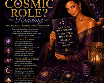 May include: A promotional graphic for a Cosmic Role reading featuring text that asks What Is Your Cosmic Role? and Your Soul Has A Purpose. The image includes tarot-style cards, a purple candle with text, crystals, and a lantern on a dark table.