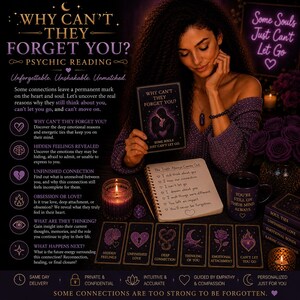 May include: A psychic reading advertisement with the text "Why Can't They Forget You?" A woman holds a card with the same text. The image includes a lit candle, tarot cards, and a mug that says "You're Still On Their Mind Always."