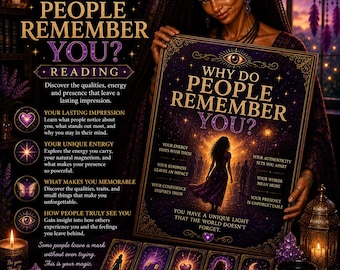 Puede incluir: Un póster rectangular titulado Why Do People Remember You? con una ilustración central de una persona caminando hacia una luz brillante. El diseño incluye detalles en morado y dorado, texto sobre energía personal y cinco tarjetas pequeñas etiquetadas como Presence, Magnetism, Kindness, Charisma y Legacy.