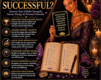May include: A promotional graphic titled WHAT MAKES YOU SUCCESSFUL? featuring a person holding a card with text about success, an open book listing natural strengths and paths to success, a pen, a compass, and a mug with the text FOCUS. BELIEVE. STRATEGIZE. SUCCEED.