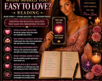 May include: A spiritual reading guide titled What Makes You Easy To Love featuring a deck card with the text You Are Loved More Than You Know, an open book listing qualities like kindness and empathy, pink roses, crystals, and candles.