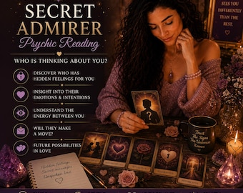 Puede incluir: Imagen que promociona un servicio de lectura psíquica. El texto dice "Secret Admirer Psychic Reading" con detalles sobre sentimientos ocultos, emociones y posibilidades futuras. Se muestra a una mujer con cartas del tarot, una taza y velas.