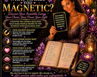 May include: A promotional graphic featuring a person holding a card that reads, "Your energy. Your essence. Your magic. That's what makes you magnetic." The image includes an open journal with lists of qualities, purple crystals, glowing lanterns, and text.