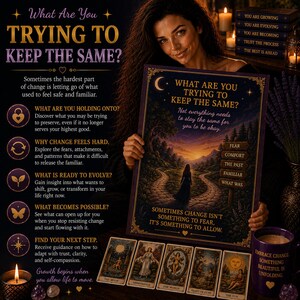 Può includere: Un poster rettangolare raffigurante un paesaggio al tramonto con una persona che cammina su un sentiero di pietra, circondato da testo tra cui "What Are You Trying To Keep The Same?" e "Sometimes Change Isn't Something To Fear, It's Something To Allow."