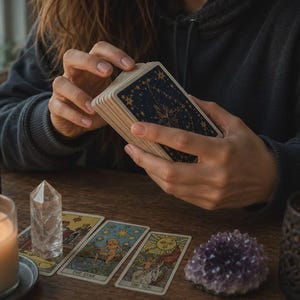 May include: A deck of tarot cards with a navy blue back featuring a gold star design is held by a person. Several tarot cards are laid out on a wooden table, along with a lit candle, a clear crystal, and a purple amethyst cluster.