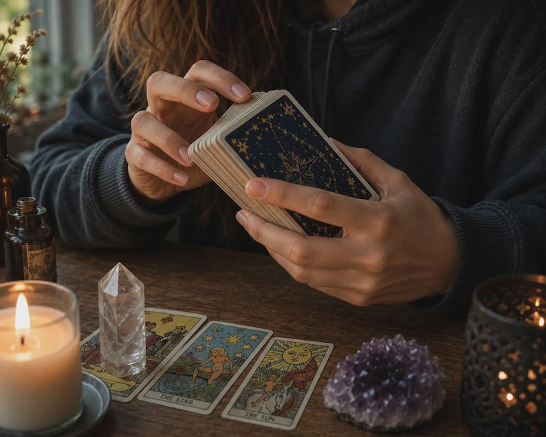 May include: A deck of tarot cards with a navy blue back featuring a gold star design is held by a person. Several tarot cards are laid out on a wooden table, along with a lit candle, a clear crystal, and a purple amethyst cluster.