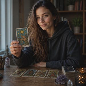 May include: A woman holding a tarot card with a star design, surrounded by other tarot cards on a wooden table. A lit candle, crystals, and a decorative candle holder are also on the table. The woman is wearing a dark gray hoodie.